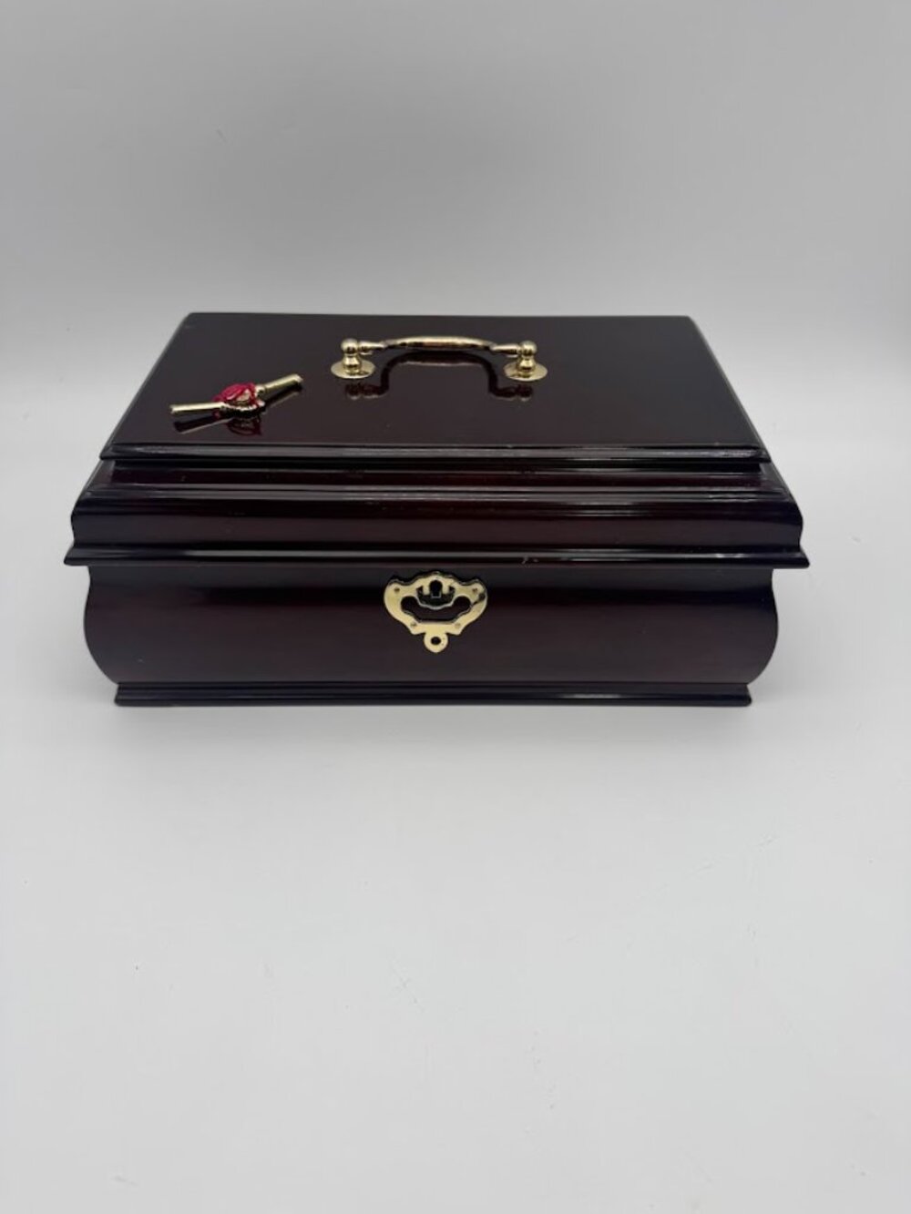 Vintage Mahogany Lacquer Jewelry Box Brass Lock Keys Velvet Lined 12in